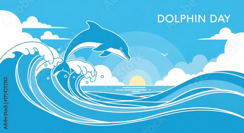 Dolphin jumping out of ocean wave on sunny day with clouds