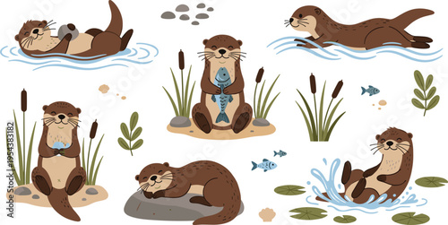 Cute Otter Cartoon Collection with River Animals Swimming Playing and Holding Fish Nature Wildlife Vector Illustration Set
