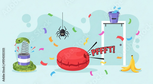 Whimsical cartoon scene with confetti spider and quirky objects on light blue background