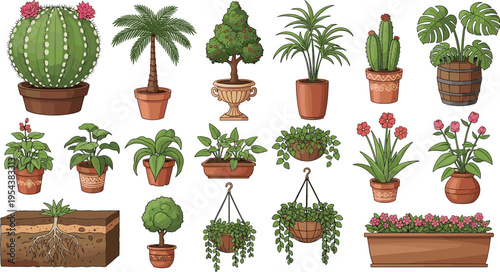 Colorful illustration of diverse potted plants and trees including flowers, cacti, palms, and hanging baskets with soil roots, symbolizing gardening, botany, nature, and creative artwork projects