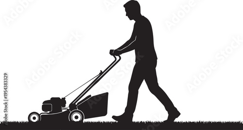 Silhouette of a Man Mowing the Lawn Isolated on White Background