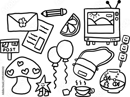 Vector outlines of kid drawing style elements including mushroom, television, handbag, lemon, pencil, letter and envelope, balloons, happy star, tea cup, fish in glass bowl, marshmallow stick