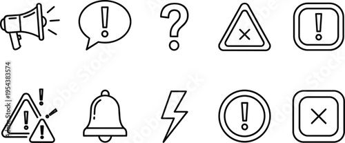 Notification and alert line icon set featuring megaphone warning sign bell question mark and exclamation point for user interface design