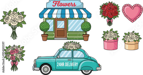 Colorful illustration of flower shop storefront, bouquets, floral boxes, and delivery car, symbolizing retail, celebration, floral design, Valentine’s Day, and creative artwork projects