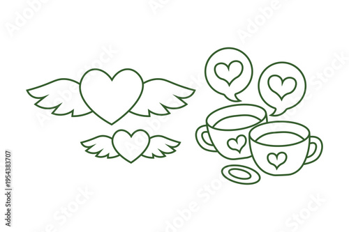 love themed coffee cups and flying hearts vector illustration