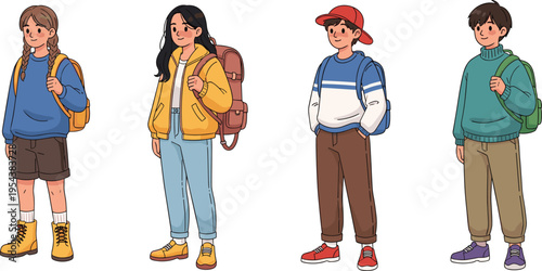 Teen Students with Backpacks Collection Casual School Kids Standing in Trendy Outfits Education Lifestyle Cartoon Vector Illustration Set