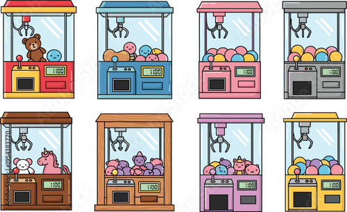 Colorful illustration of nine claw machines filled with plush toys and balls, symbolizing arcade games, entertainment, toy collection, amusement, and creative artwork projects