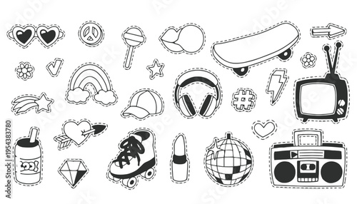 Sticker set of colorful cartoon objects and symbols for kids