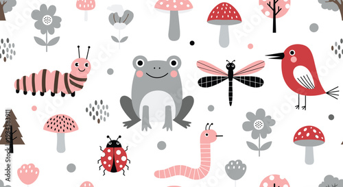 Cute Forest Animal Pattern with Frog Bird Insects Mushrooms and Flowers Seamless Woodland Nature Background Cartoon Vector Illustration