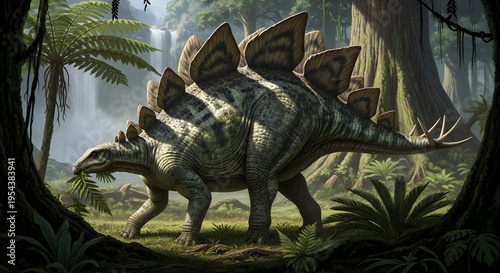 stegosaurus dinosaur walking, prehistoric animal from the Jurassic period, armored herbivore