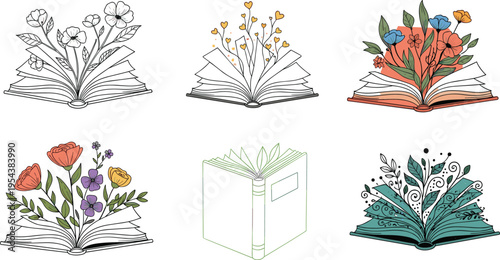 Open Book with Growing Flowers Collection Knowledge Concept with Floral Pages Education Imagination Reading and Learning Vector Illustration Set