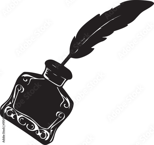 Silhouette of a quill pen in an ornate inkwell on a white background