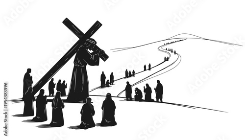 Jesus Christ silhouette illustration carrying a large cross with followers