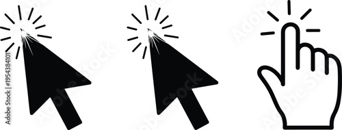 Set of black mouse arrow and hand finger cursor icons with click effect for digital navigation web interface and interactive