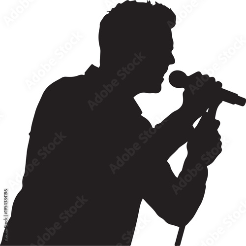 Male Musician Singing into Microphone Silhouette Isolated on White
