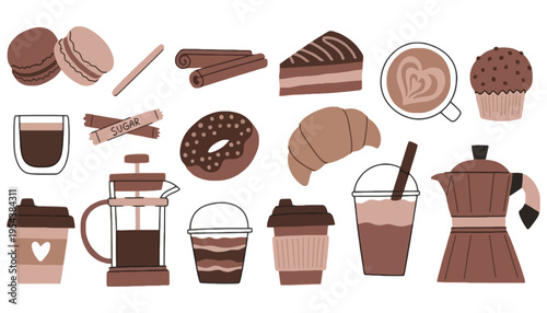 Coffee icon set with various brown beverages and sweet treats illustration