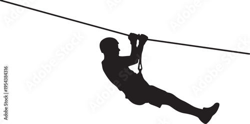 Silhouette of a person on a zip line isolated on white background