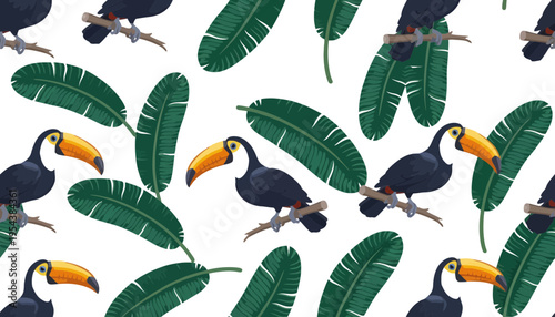 Toucan colorful illustration with banana leaves on white background