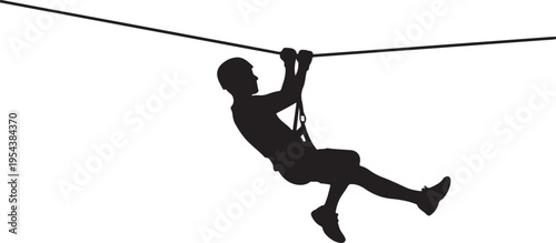 Silhouette of a Man Zip Lining Isolated on White Background