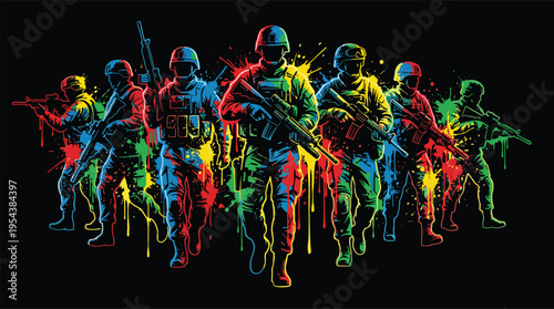Modern military soldiers in vibrant paint splash style, tactical combat team with weapons, colorful vector illustration for army action, warfare and dynamic battle concept