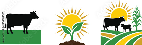 Agriculture and farming icons with cow, crop and sunrise, rural landscape vector illustration for livestock, organic farming, nature and sustainable agriculture concept