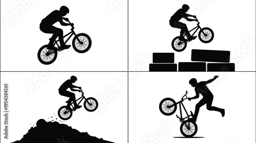 BMX cyclist silhouettes performing jumps and tricks, freestyle biking action set, black vector illustration for extreme sport, stunt riding and urban cycling conceptBMX cyclist silhouettes performing 