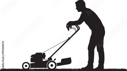 Silhouette of a Man Leaning on a Lawn Mower in a Field