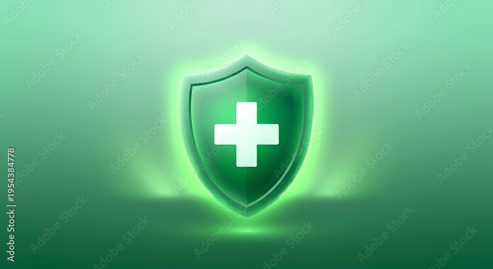 Fototapeta premium Glowing Green Medical Protection Shield Symbol on Dark Green Background