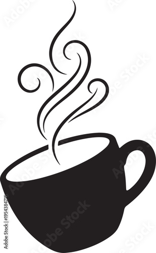 Minimalist Black Silhouette of a Steaming Coffee Cup on White Background