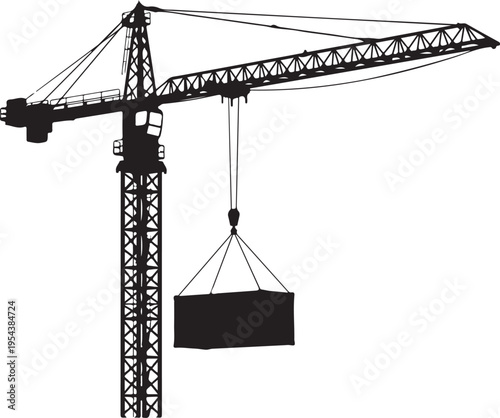 Silhouette of Industrial Tower Crane Lifting Shipping Container on White