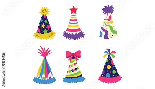 A colorful illustration of party hats in various designs and patterns