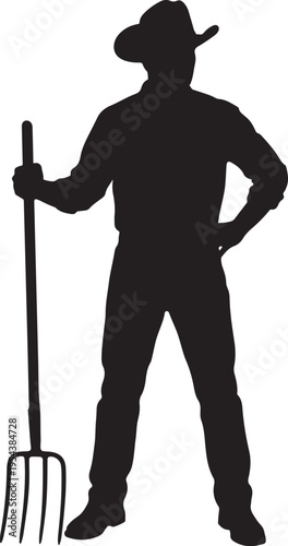 Silhouette of a Farmer Holding a Pitchfork Isolated on White Background