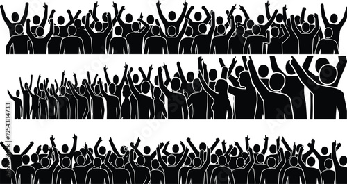 Crowd of people silhouettes cheering with raised hands, celebration and protest concept, black vector illustration for audience, event, festival and social gathering background
