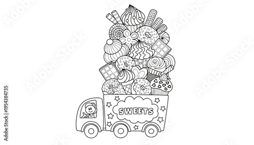 A cartoon truck filled with colorful sweets and desserts illustration