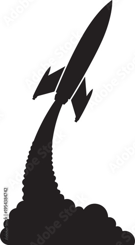 Black Rocket Silhouette Launching with Smoke Trail on White Background