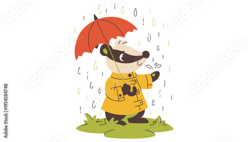 A cartoon badger wearing a yellow raincoat and holding a red umbrella on a rainy day