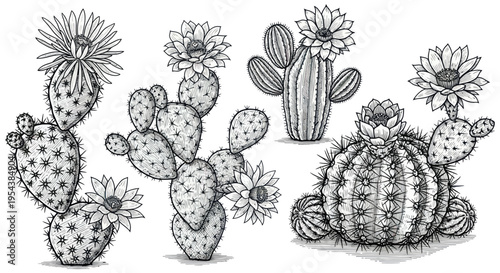 Hand-drawn Cacti Collection with Blooming Flowers, Sketch Art