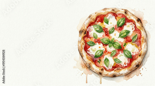 Delicious Italian margherita pizza watercolor illustration