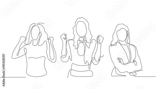 A minimalist line art illustration of three confident women in different poses