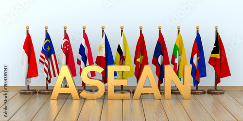 Association of South East Asian Nations flags. 3D illustration