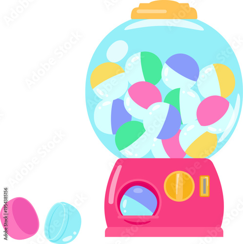 取り出し口にカプセルが出ている丸いカプセルトイマシーン