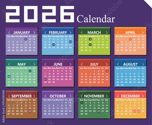 Vector year of 2026 calendar	
