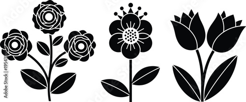 Black silhouette vector set of stylized garden flowers including roses and tulips with leaves isolated on white background for spring patterns and floral branding