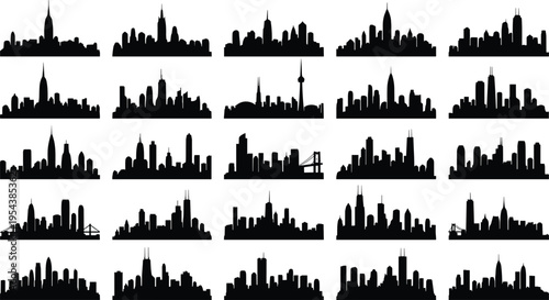 Black silhouette vector set of various city skylines featuring skyscrapers and urban panoramas for travel tourism metropolitan development and commercial real estate branding design,