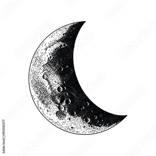 Vector crescent moon with craters, dark space illustration, astronomical object