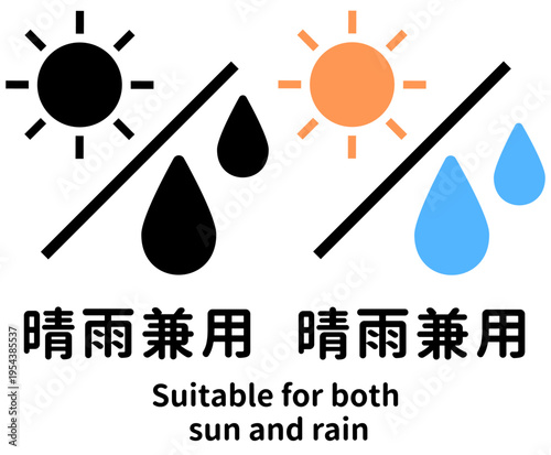 晴雨兼用アイコンセット 傘や日傘の用途説明用 太陽と雨のしずくのイラスト 晴れと雨の両方に対応するピクトグラム 天気マーク ショッピング サイト用素材ベクターイラスト