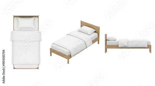 Single wooden bed frame with white bedding set isolated on white background in three perspectives