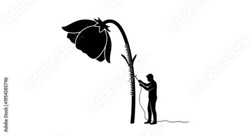 Man Sewing a Broken Wilting Flower Stem, Mental Health and Emotional Healing Concept Silhouette
