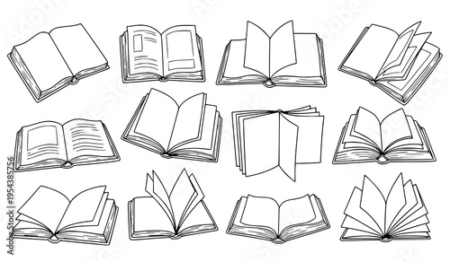 Hand drawn linear open book icons with paper pages doodle style vector illustration set