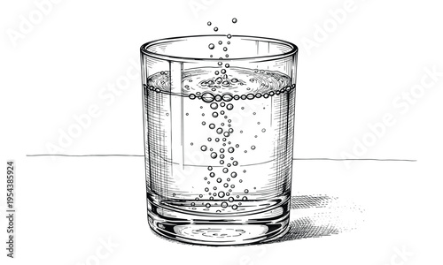 Glass of water vector bubbles sparkling beverage sketch on transparent background